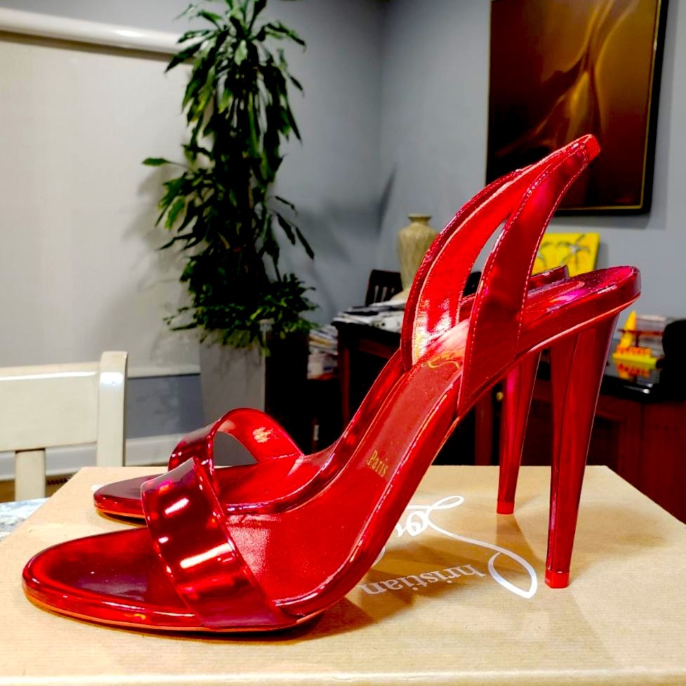 NEW Christian Louboutin O Astrid Red Metallic Leather Sandal in size 39.5